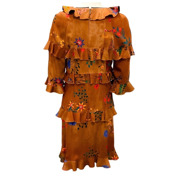 FENDI BROWN MULTI FLORAL PRINTED RUFFLED SILK DRESS - Picture 3 of 6